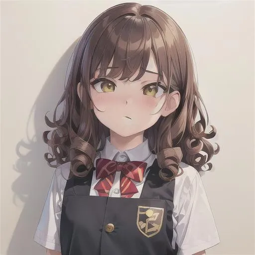 Prompt: (masterpiece, illustration, best quality:1.2), lolli, small girl, tsundere, cute, tsundere expression, portrait, curly brown hair, yellow eyes, wearing school uniform, best quality face, best quality, best quality skin, best quality eyes, best quality lips, ultra-detailed eyes, ultra-detailed hair, ultra-detailed, illustration, colorful, soft glow, 1 girl, leading into a desk