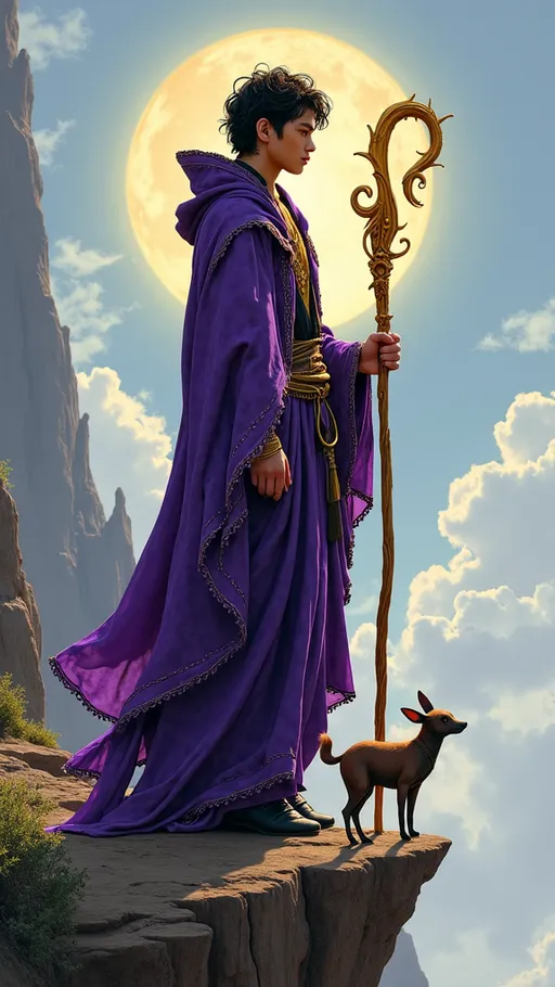 Prompt: The Fool: A young, attractive Asian male witch stands on a cliff’s edge, dressed in coven-inspired robes in deep purple with gold accents. He holds a magical staff, with a small animal familiar at his feet, symbolizing new beginnings and a journey ahead.

