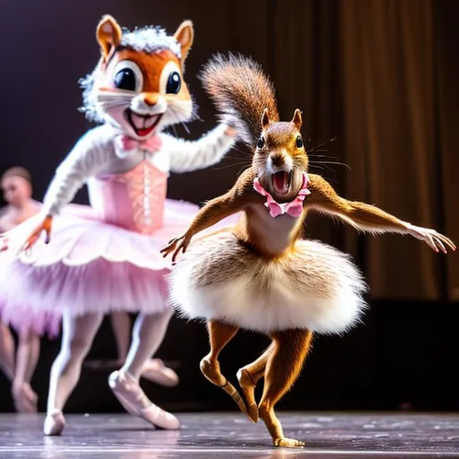 Prompt: An anthropomorphic squirrel dressed as a ballerina, dancing on stage