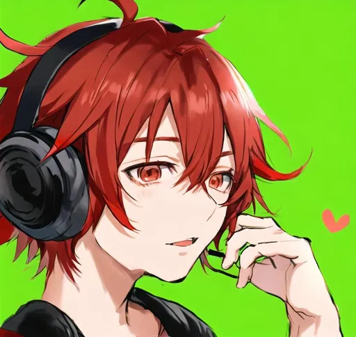 Prompt: anime boy with black headphones and red hair with no hands showing.