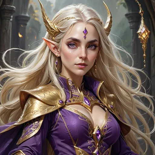 Prompt: High elf sorceress, enchanting female character with smooth white skin, flowing gold hair, and piercing gold eyes, adorned in luxurious purple garments that enhance her royal status, lavishly decorated with intricate jewelry, a majestic pose embodying power and grace, subtle mystical aura surrounding her, intricately detailed, high-resolution, fantasy artwork showcasing the draconic influence in her decor.