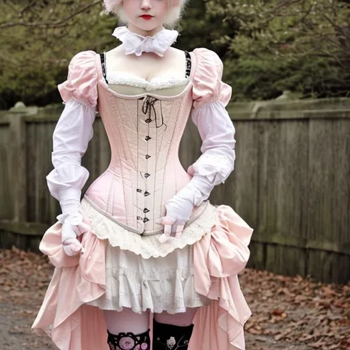 Prompt: Victorian era, beautiful woman, corset, pastel pink, Harajuku, high boots
