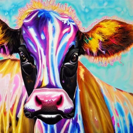 Prompt: full tie-dyed patterned dairy cow, oil painting