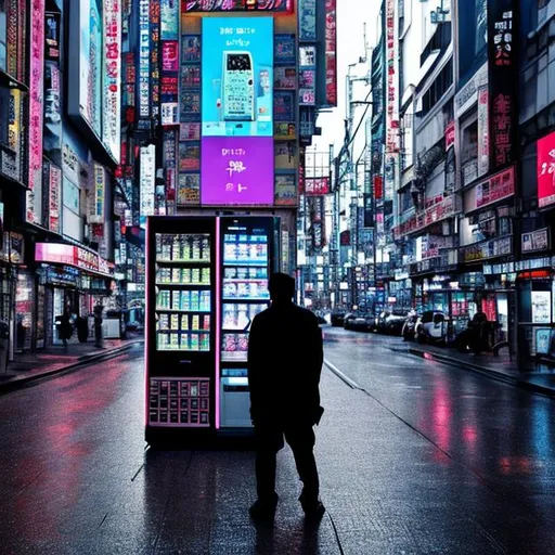 Prompt: In the shimmering simulacrum of Osaka's urban sprawl, amidst the deluge of digital data rain, a sentient vending machine emerges as a symbol of a hyperreal society. Time itself becomes a fluid construct as daytime blurs into a mosaic of algorithmic aesthetics. A solitary man stands at the crossroads of choice and contemplation, caught in the tangled web of algorithmic aesthetics, questioning the very essence of being. AI-infused brushstrokes paint an abstract portrait of technosocial dynamics, blurring the boundaries between human and machine. This postmodern AI art transcends mere representation, becoming an enigmatic prism reflecting the interplay between our primal desires and the digital labyrinth. Through rain-soaked codes and neon-lit abstractions, the artwork beckons us to explore the labyrinthine corridors of self, where choices become a kaleidoscopic spectacle of ever-shifting perspectives.