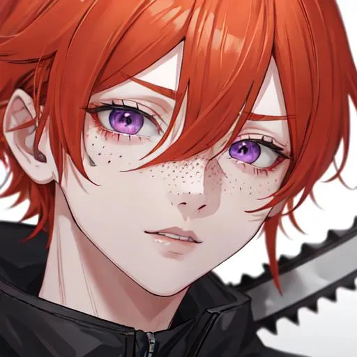 Prompt: Erikku male adult (short ginger hair, freckles, right eye blue left eye purple) UHD, 8K, Highly detailed, insane detail, best quality, high quality, holding a chainsaw, anime style