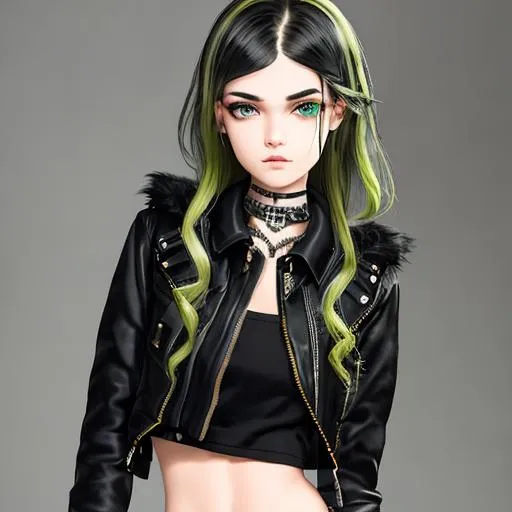 Prompt: An insanely beautiful girl around 21 years old. punk clothes. perfect anatomy, symmetrically perfect face. perfect grey eyes. beautiful short black wavy hair with green streaks. no extra limbs or hands or fingers or legs or arms.
