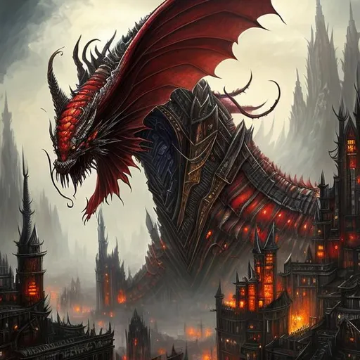 Prompt:  fantasy art style, red, giant dragon, wings, bat wings, giant, painting, evil, city, metropolis, elves, elvish, towers, tall buildings, dystopian, apocalyptic, apocalypse, crowded, dense city