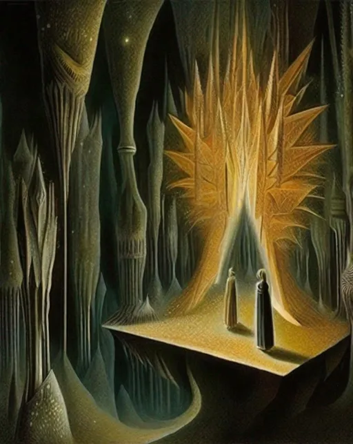 Prompt: "((UnderWorld Magic))" at midnight, in a mystical underground chamber filled with glowing crystals. The scene exudes otherworldly enchantment. In the style of Remedios Varo