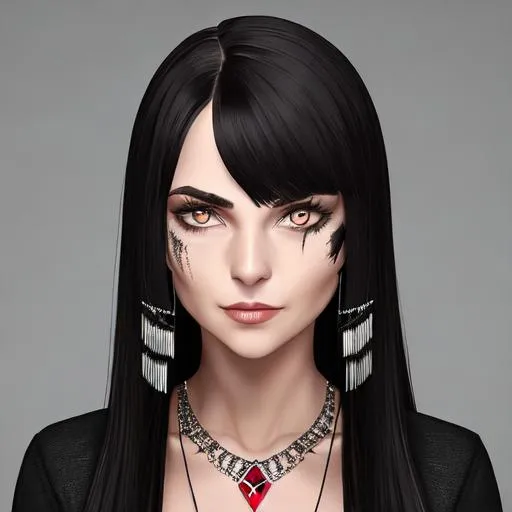 Prompt: Lady has dark, chin-length hair on both sides of her face and she has a fringe that reaches her eyebrows. She has many scars across her body, the most prominent being the one across her nose. She also always has a necklace with a red gem on it. Like her father, she has the genetic condition called heterochromia, which render each of her eyes a different color: her left eye is red while her right eye is bluish-green.


Lady has heterochromia, a condition that makes her eyes have different colors.

Lady seems to be younger than Dante. When she is first seen in Devil May Cry 3, she wears a schoolgirl outfit with a short white blouse that bares her midriff and sleeves that reach just past her elbows. The skirt appears to be made of protective plating and she has a utility belt to hold gun magazines, with dark black/purple shorts underneath. Connected to the belt is a harness for Kalina Ann. She carries a pistol on the front of her skirt and a Skorpion submachine gun with a bayonet on the back, with a lever action bow gun of sorts strapped to her left thigh, and finally, a pistol strapped to her right boot. She wears dark brown gloves and orange-brown knee-high boots, with black socks under.