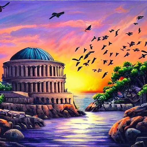 Prompt: beautiful painting of ancient greece with birds and a sunset