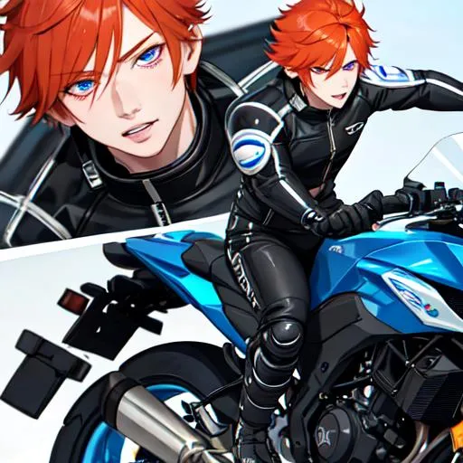 Prompt: Erikku male (short ginger hair, freckles, right eye blue left eye purple) muscular, riding a motorcycle. UHD, 8K, Highly detailed, wearing biker gear, driving on the freeway, close up shot of the motorcycle, insane detail, best quality, high quality