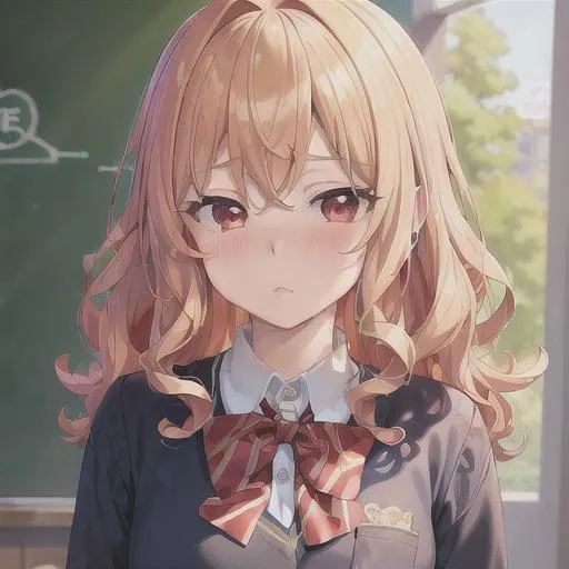 Prompt: (masterpiece, illustration, best quality:1.2), blushing, loli, tsundere, looking away you in a flustered state, curly yellow hair, red eyes, wearing school uniform, best quality face, best quality, best quality skin, best quality eyes, best quality lips, ultra-detailed eyes, ultra-detailed hair, ultra-detailed, illustration, colorful, soft glow, 1 girl, leading into a desk