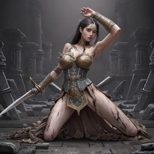 Prompt: splash art, hyper detailed perfect face, full body, In an ultra realistic ancient Greek battle zone,

beautiful, young adult, Asian, Victorian Era, goddess, full body, long legs, perfect body,

wearing a torn filthy and ragged dress, heavy iron slave collar, sword master, in an offensive pose,

high-resolution cute face, perfect proportions, intricate hyper detailed hair, light makeup, sparkling, highly detailed, intricate hyper detailed shining eyes,

Dark, ethereal, elegant, exquisite, graceful, delicate, intricate, hopeful, glamorous,

HDR, UHD, high res, 64k, cinematic lighting, special effects, hd octane render, professional photograph, studio lighting, trending on artstation