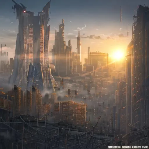 Prompt: future dystopian mega construction, mech, sunset, light fog, sun ray