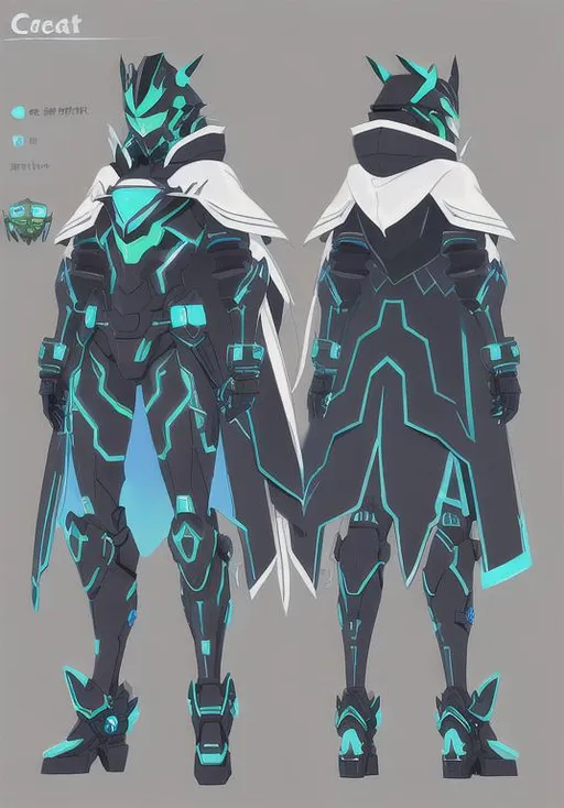 Prompt: Creat a character concept sheet of a futuristic black and white robot with green and blue glowing armor, cool cloak and hood, alien visor
