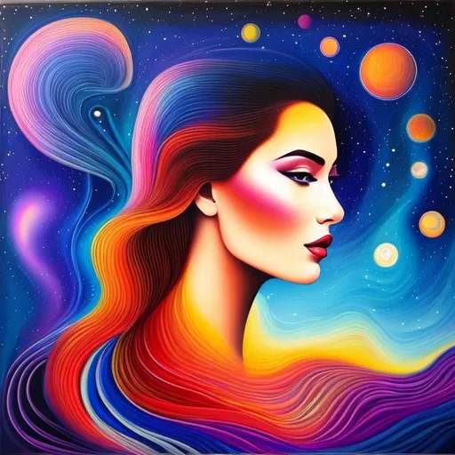 Prompt: Surreal portrait of beautiful female, long hair, queen, cosmic landscape background, acrylic on canvas in style of post modernism 