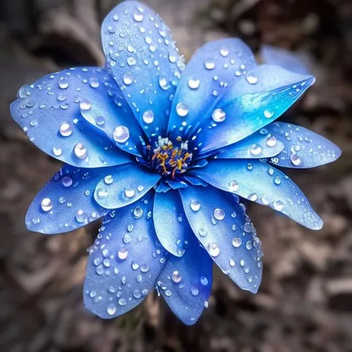 Prompt: A blue fantasy flower. The petals are iridescent with small droplets of water. It is sitting nestled in the stump of a tree within a spooky, foggy forest.