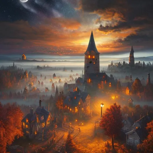 Prompt: professional oil-painting of {a misty Halloween town during autumn, night, visible tower with witch's hat as top}, perfect viewpoint, highly detailed, drone photo, wide-angle lens, hyper realistic, with dramatic sky, natural soft moonlight, vivid colors, everything in sharp focus, HDR, UHD, 64K, by William Trost Richards