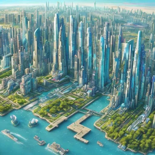 Prompt: Create a unique and detailed and original drawing of a futuristic cityscape that showcases advanced technology, sustainable architecture, and vibrant urban life. Imagine a skyline filled with towering skyscrapers, innovative transportation systems, and lush green spaces seamlessly integrated into the city. Let your creativity run wild as you depict this utopian vision of a future city.