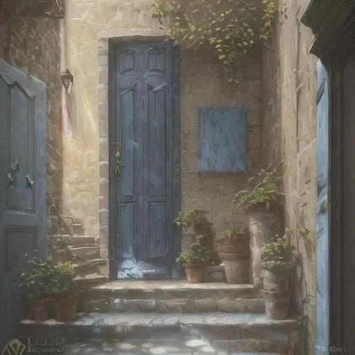 Prompt: rustic blue door on stone steps, house plants everywhere, sunlight shining through a window, sunlight particles, Italy, alleyway, heavy brushstrokes, textured paint, impasto paint, intricate, cinematic lighting, oil painting, dramatic, 8k, trending on artstation, painting by Vittorio Matteo Corcos and Albert Lynch and Tom Roberts, Dreamy, stunning, by Jessica rossier, van Gogh, Thomas Wells Schaller, Enki Bilal, Harry Clark, James jean and Jean Baptiste monge. Extremely detailed and high definition. glossy shimmer. God's Ray. Beautifully lit."