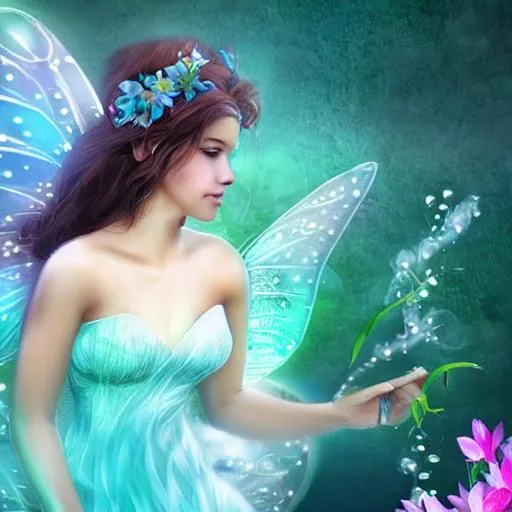 Prompt: fairy goddess with misty aqua beautiful background, realistic, closeup