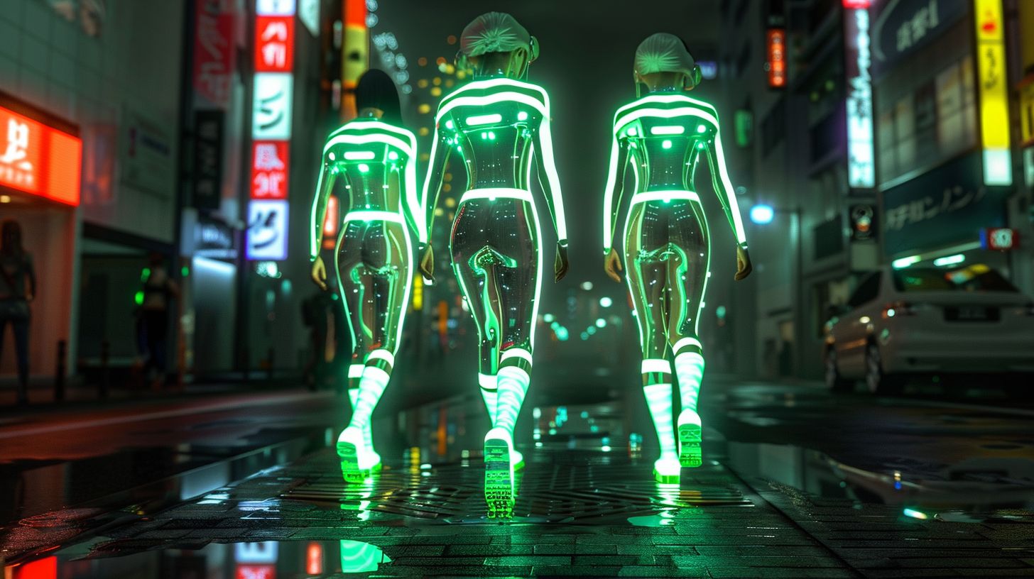 Prompt: three people wearing futuristic clothing walking down a city street, in the style of light yellow and emerald, miki asai, oversized objects, vray, cryptopunk, japanese minimalism, silver and green