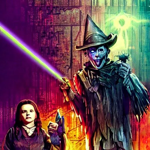 Prompt: wizard of oz scarecrow cyberpunk 2077 matrix blade runner neon harry potter
