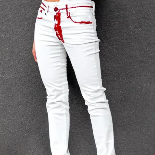white jeans with blood red stains on the lower groin