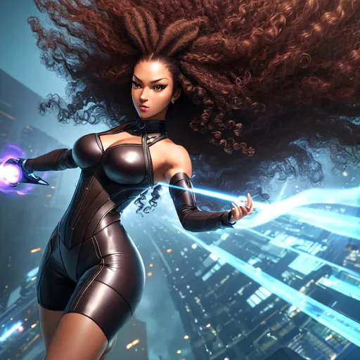 Prompt: psycho mantis stylized
, UHD, hd , 8k, 3d rendered , Very detailed, panned out view with whole character in from, , oil painted, long hair with tight  afro curls, Chocolate skinned female  celestial being character, poses in action stance, echoing movements , magic light following her movements, HD, 3D rendered, Hair caught in aggressive breeze infused with electricity and lightening, curling tightly, scaly shiny leather kimono Mistress  styled dress, Gritty Fantasy character, sharp expressive facial features, Defiant smirk, hand near face, 