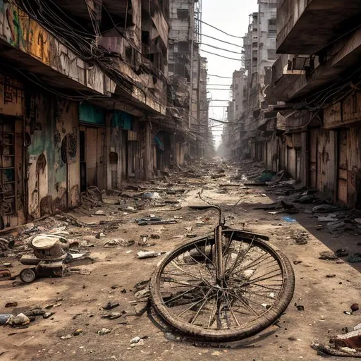Prompt: post apocalyptic urban landscape in india. circular.
