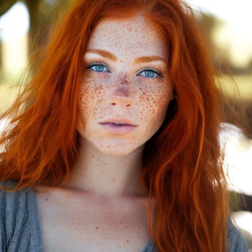 Prompt: Red headed woman
Round face
Freckles 
Dark Green eyes