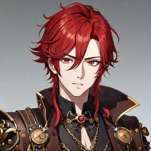 Prompt: Zerif 1male (Red side-swept hair covering his right eye) steampunk, UHD, 8K, highly detailed