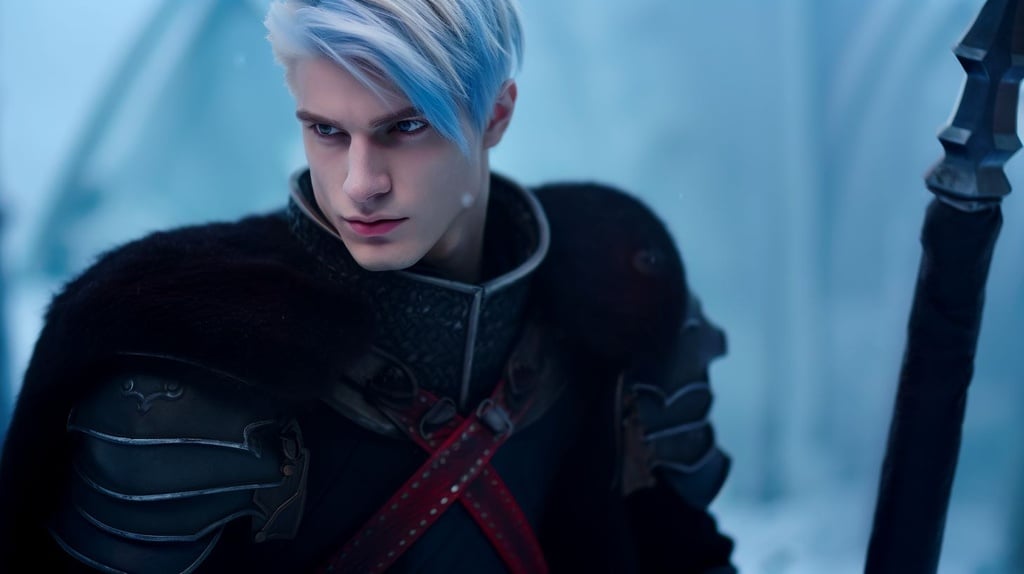 Prompt: handsome russian man with a chiseled jawline, ice blue undercut hair, bright blue eyes, Two red earings, Long thick black fur lining grey and black armor, disapointed expression, attractive, thick eyeliner, perfectly styled hair, red lance on his back, realistic warrior, heavy snow --no facial hair --upbeta --ar 16:9