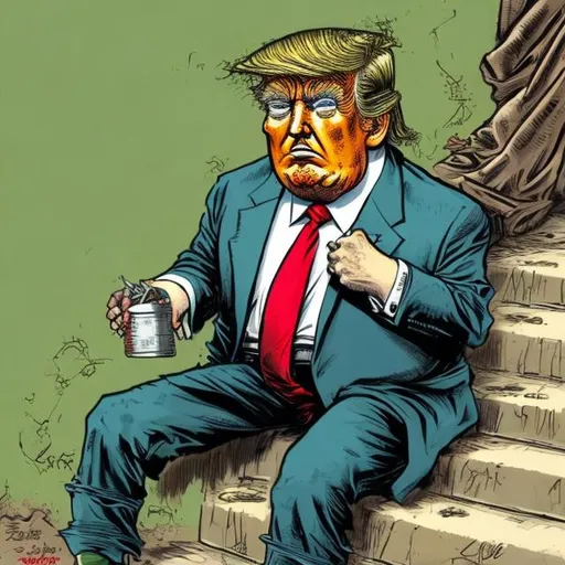 Prompt: Trump-Caricature: Tattered one green dollar note inside a rusty tin can of tattered beggar Trump's rusty tin can, too long red tie + tattered darkblue suit, Trump sitting on court steps, bright colored Sergio Aragonés MAD-magazine style