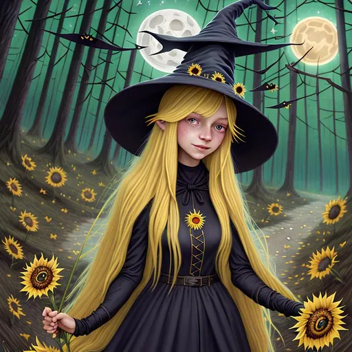 Prompt: witch with long blonde hair, tarot card, wearing witch hat, cute, sunflower, aesthetic, fairycore, disney, pixar, moon, stars, witchcraft, in a starry dark sky, beautiful, walking in a forest, sweet, dreamy, rpg, sci-fi, award winning illustration, artstation, highres