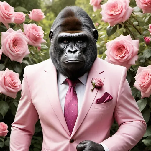 Prompt: Embrace the enigmatic allure of the gorila in pink suit, adorned with a poker face amidst a garden of roses and wildflowers. Witness the juxtaposition of strength and grace, tradition and modernity, captured in this captivating image