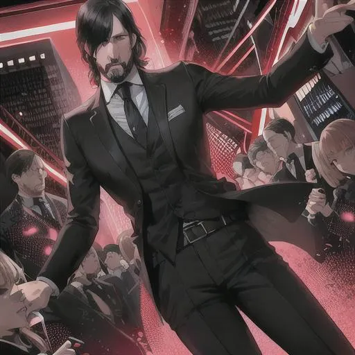 Prompt: john wick in the style of persona 5,  cinematic, finely detailed, background, high detail, dynamic lighting