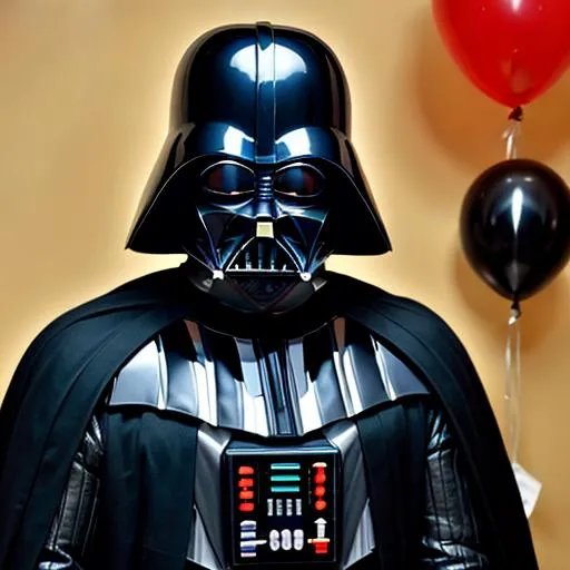 Prompt: Darth Vader at a child's birthday party, hyperdetailed, accurate Darth Vader suit and helmet
