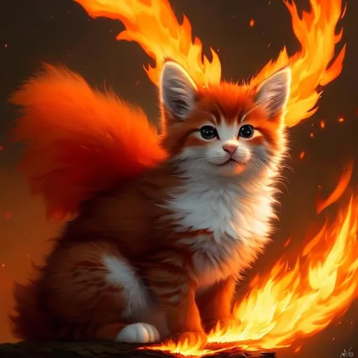 Prompt: Cute, red, fluffy, fire kitten, possessing the element of fire and making circles of fire
 move around in the air in a magical way. Perfect features, extremely detailed, realistic. Krenz Cushart + loish +gaston bussiere +craig mullins, j. c. leyendecker +Artgerm.