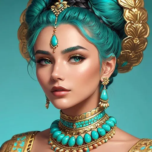 Prompt: An extremely gorgeous woman,  with top knots full of turquoise jewels, in color scheme of turquoise and gold