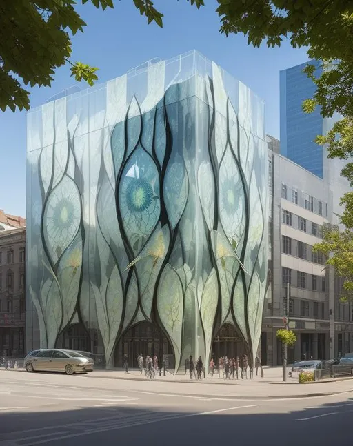 Prompt: award winning street photography of a beautiful Glass building, with translucent voynich flora paper façade, most beautiful building in the world, 16k, uhd photorealistic, iwan baan photography 