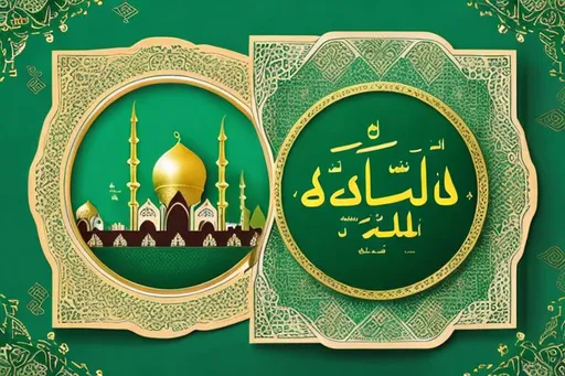 Prompt: Prepare Eid-al-Adha card with the following features:
1. Jungle Green color Theme.
2. Half of the image must be blank in dark green color while the other half must have a drawing of a mosque and an Islamic crescent. 
