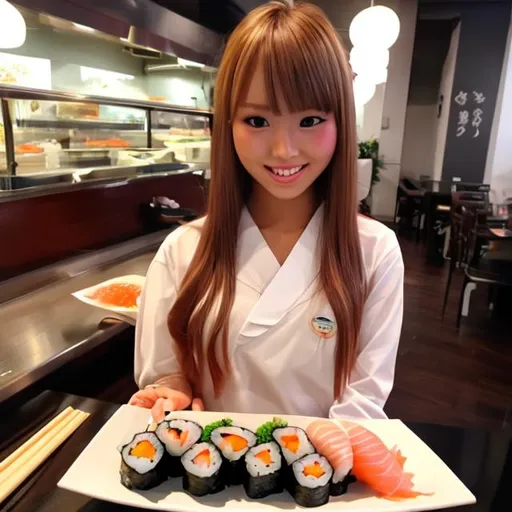 Prompt: sushi served on cute girl
