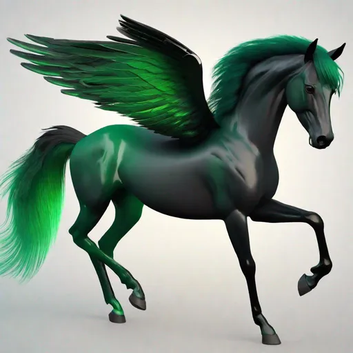 Prompt: horse animatronic hybrid, with focused emerald eyes. They identify as a Male. Emerald colored feathery tail. dark Green ombre mane and tail. UHD, HD, 4K, green haze, anime style, green and black coat