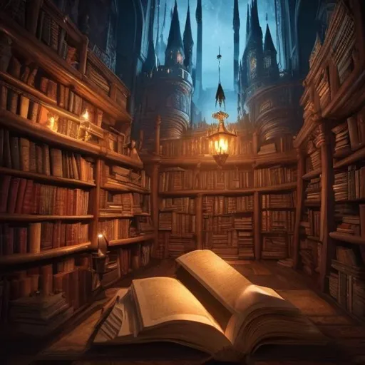 Prompt: A fantasy castle library with so many book in the night with a candle