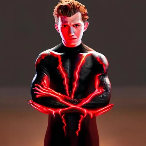 Prompt: Tom Holland, with devil horns, with a demon tail, red skin