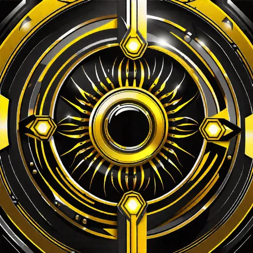 Prompt: logo, simple, vertical vector, 2d,{{Futuristic Portal with vortex at the center}}, High quality, High Resolution, 32k, 16k, Yellow, Black metal, {perfect symmetry}, centered, black background