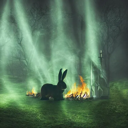 Prompt: long shot professional photograph, bunny burns a church, green flames, dark lighting, heavenly lighting, mysterious body of water, low poly, highly detailed