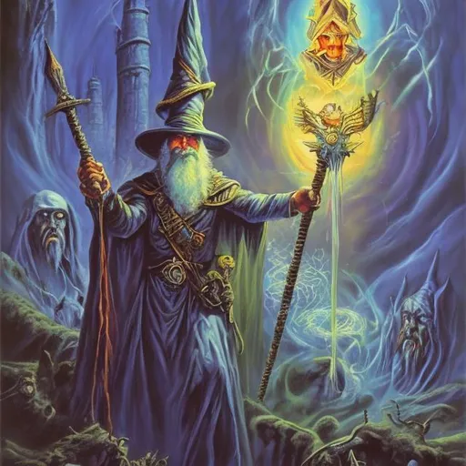 Prompt: 1980s wizard fantasy cover art painting