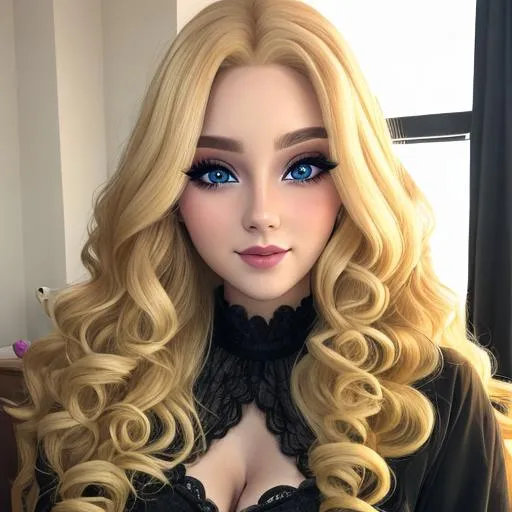 Prompt: A beautiful woman dressed in black, long  blonde very curly hair, facial closeup